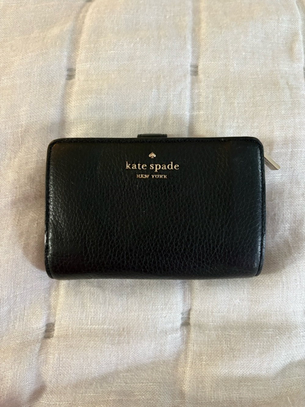 kate spade Black Pebbled Leather Zip Wallet with Gold Logo